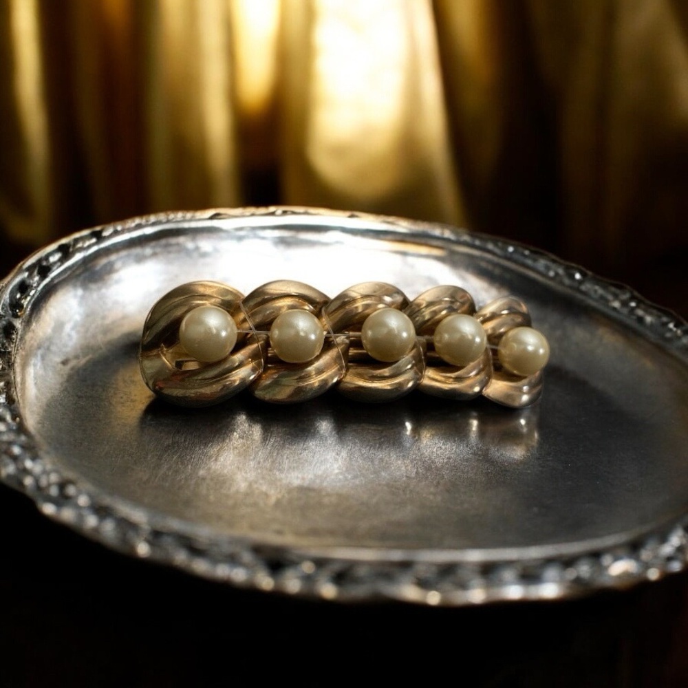 3/$18 Vintage Signed Philips Gold-Tone and Faux Pearl Women's Hair Barrette